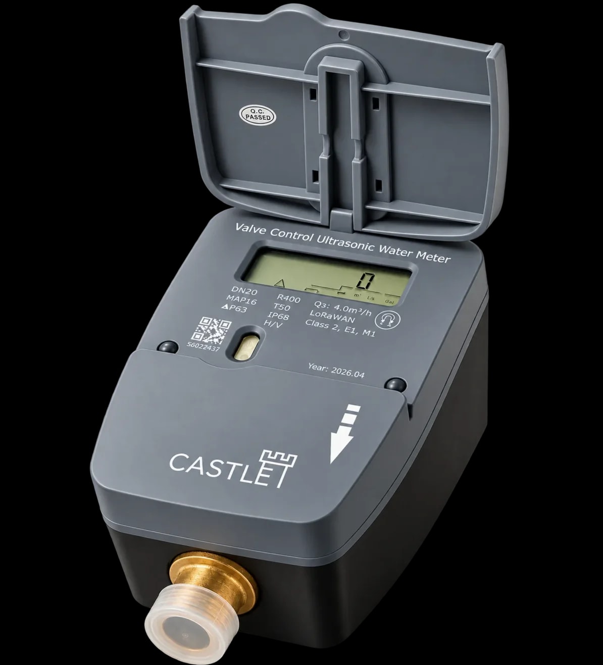 Castle ultrasonic meter with brass fittings and integrated shutoff valve