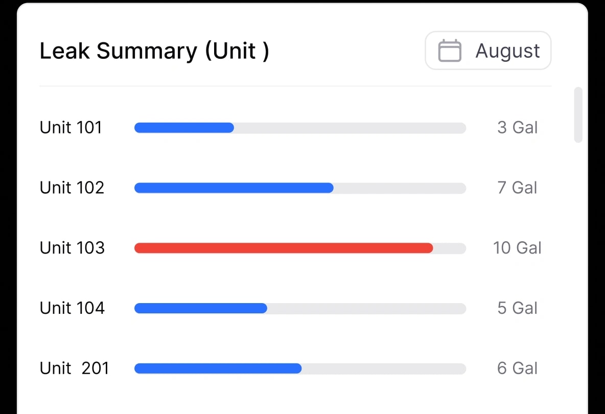 Leak summary showing usage by unit
